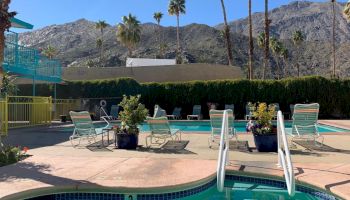 A pool area with lounge chairs, hot tub, and stairs, set against a backdrop of mountains and palm trees on a sunny day, surrounded by a green hedge.