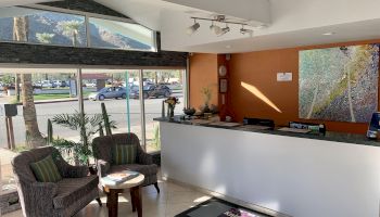 This image shows a reception area with two chairs, a small table, a reception desk, a colorful painting, and large windows revealing an outside view.