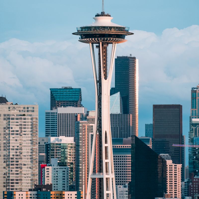 This image showcases the Space Needle, a famous landmark, against the backdrop of the Seattle skyline with various skyscrapers and buildings.
